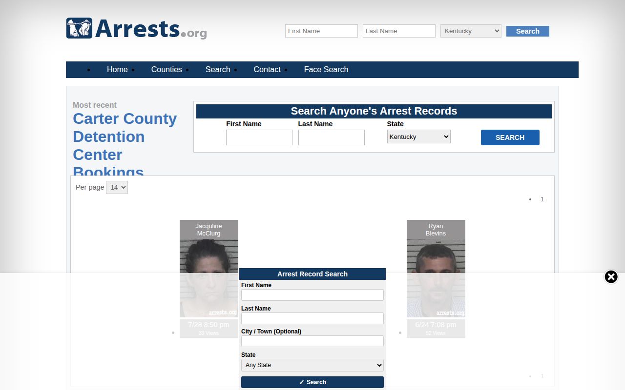 Unofficial Arrests.org Carter County search and date interface